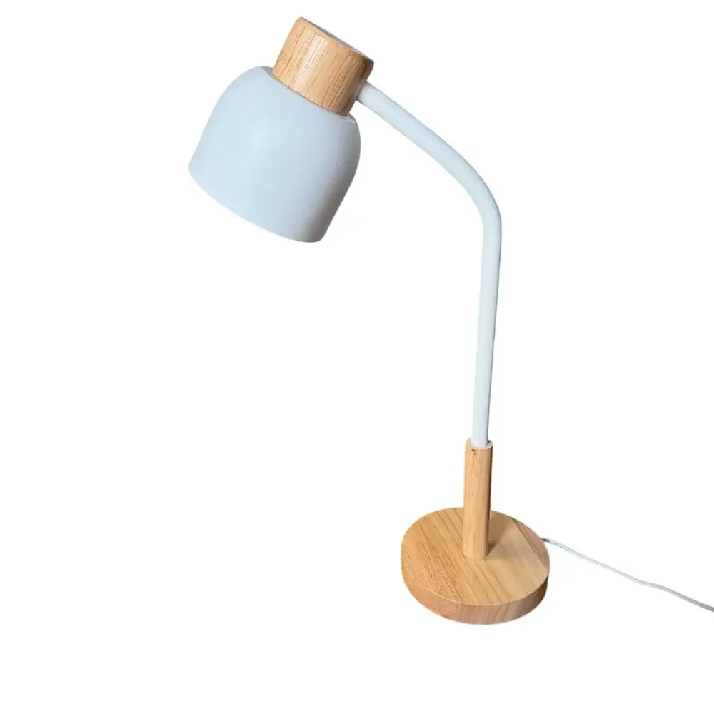 Modern Wood & White Desk Lamp USB Powered Adjustable Gooseneck Table Light